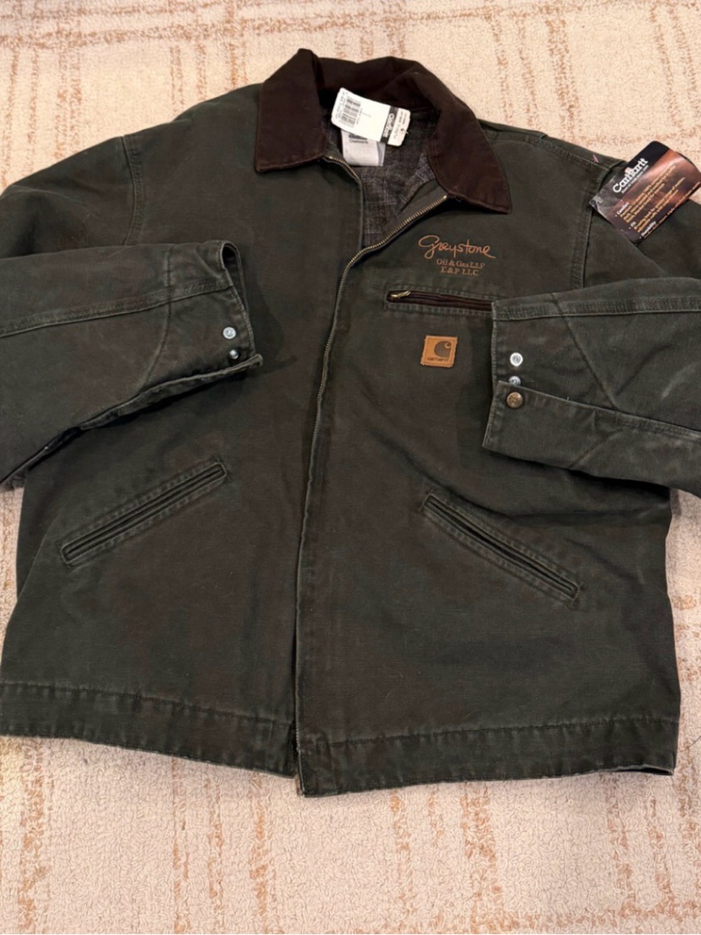Carhartt Green Duck Canvas Work Jacket with Corduroy Collar and Embroidered back